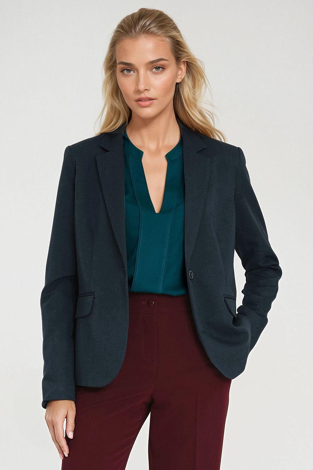 Tailored fitted jacket with notch lapels, front button, dark blue tone