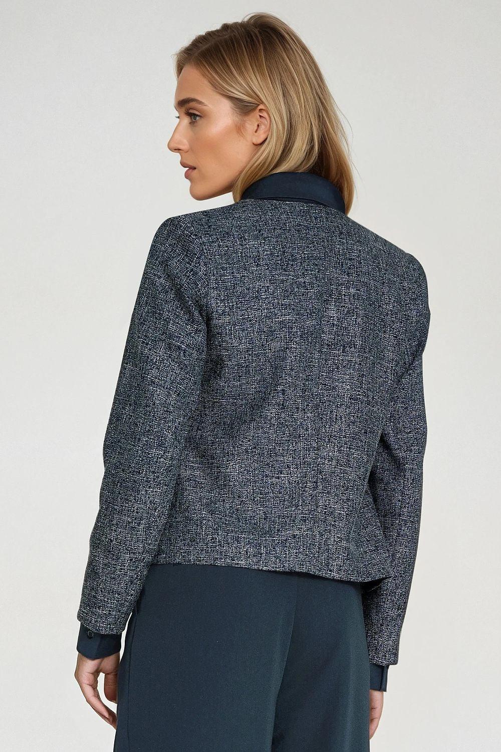 Navy blue melange textured boxy jacket, full back view, long sleeves