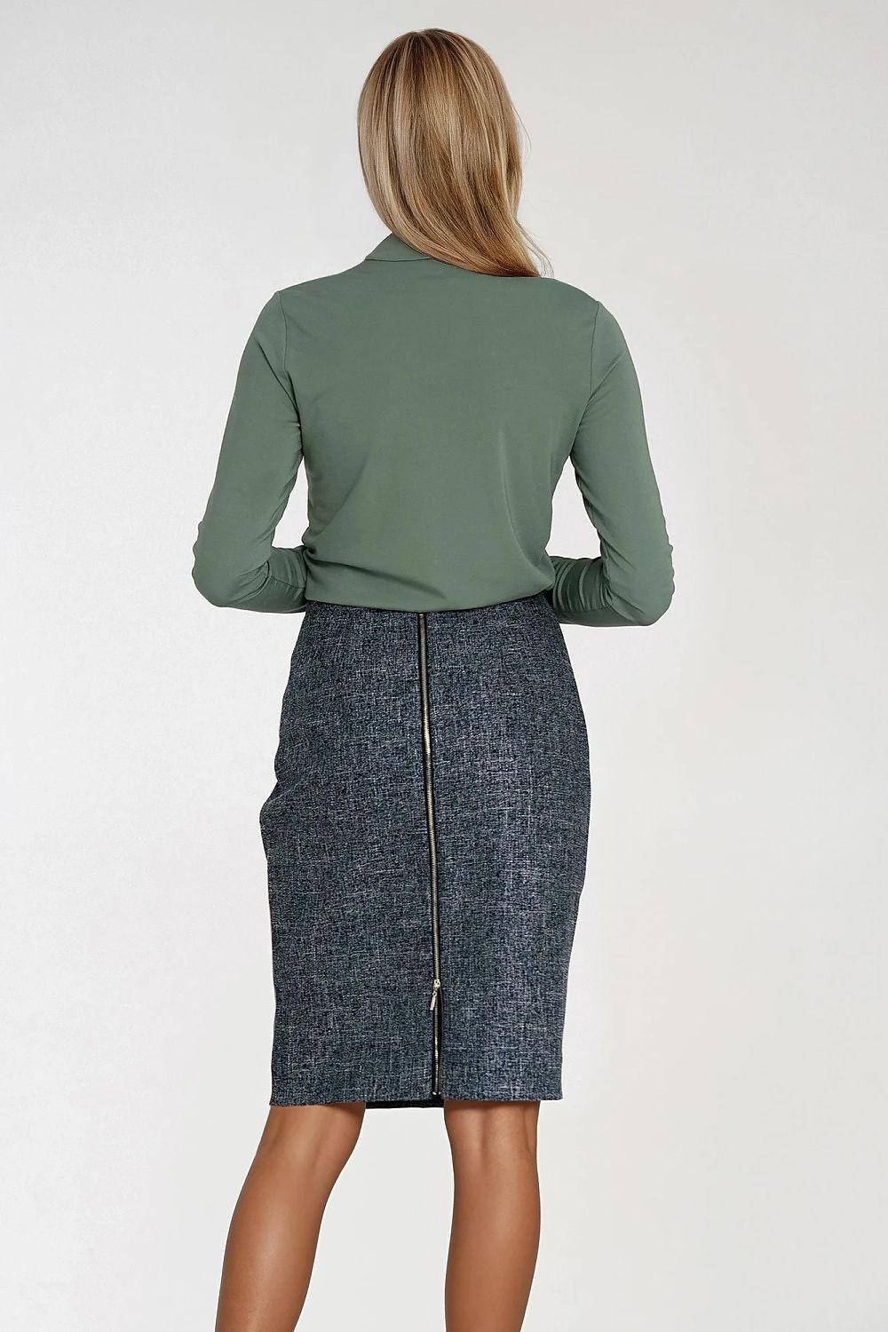 Gray speckled pencil skirt from back with centered zipper and straight hem