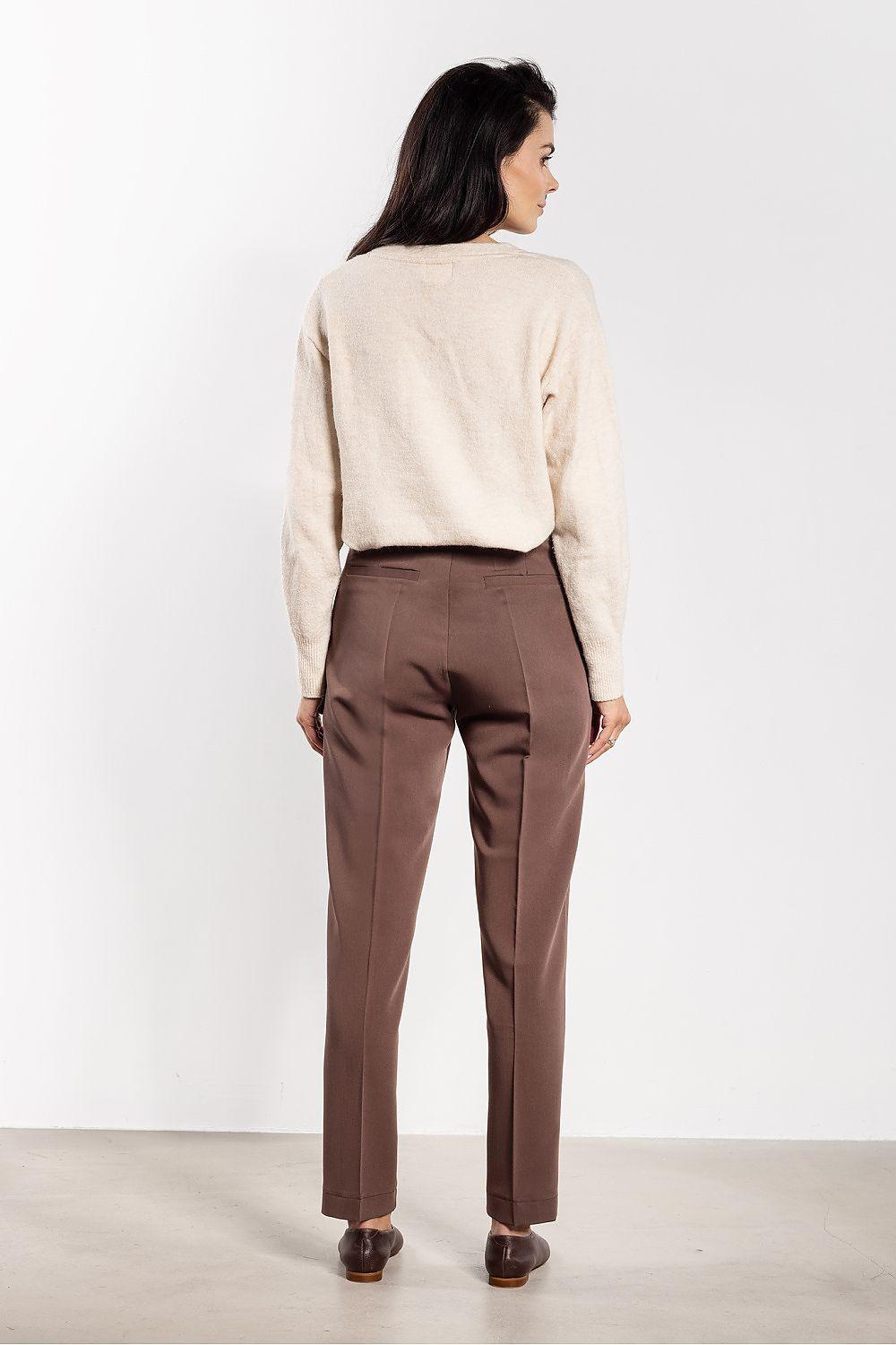Women’s trousers by Awama, back view of brown straight-leg pants with belt loops