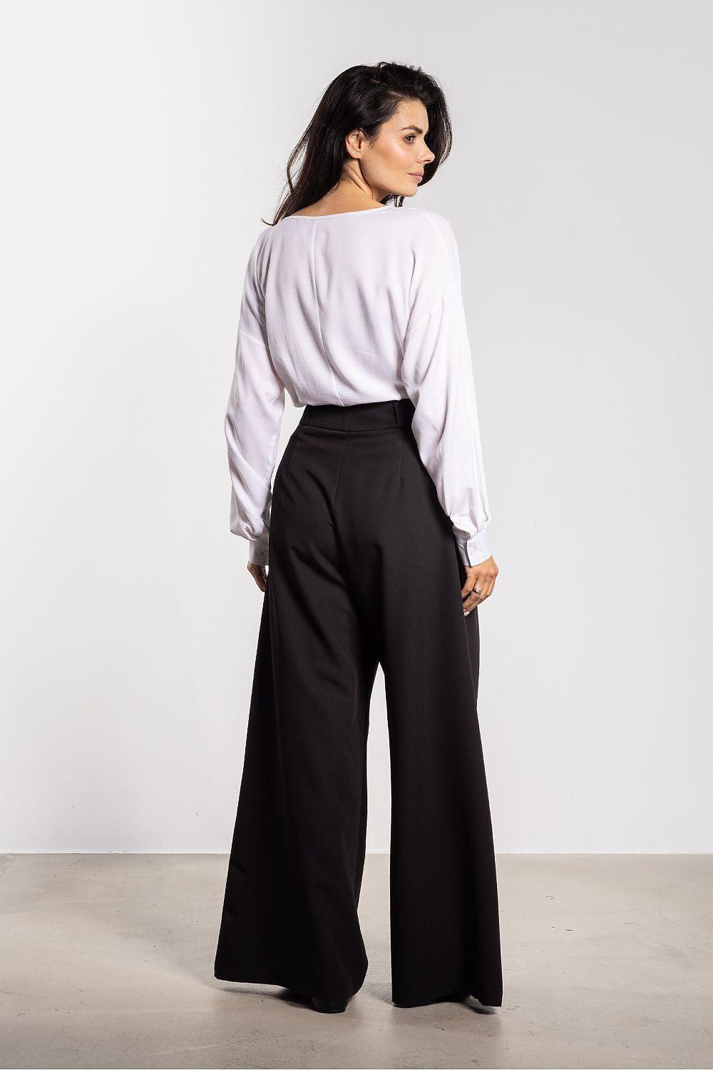 Awama women’s trousers, black wide-leg with high waist, back view