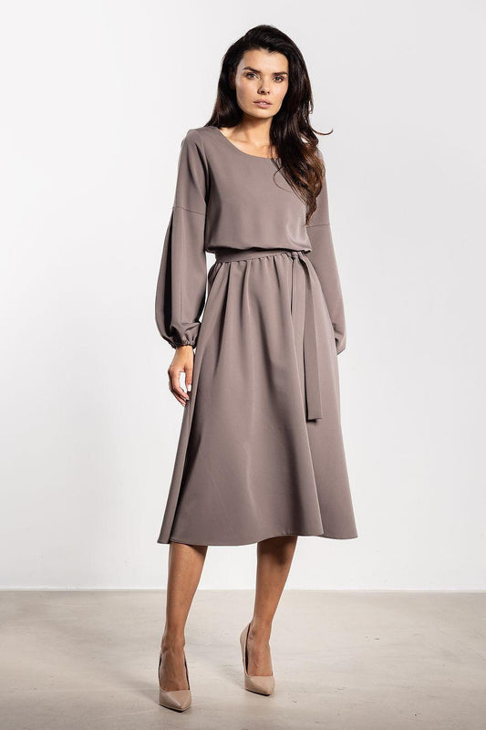 Taupe midi daydress with elastic waist, long puff sleeves, and tie at waist