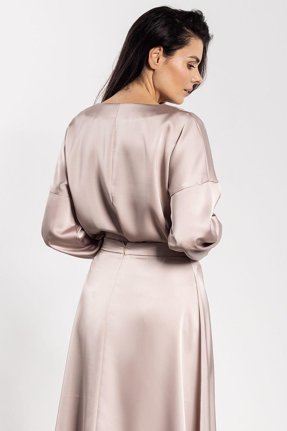 Awama satin V-neck blouse dress, beige, back view with long puff sleeves