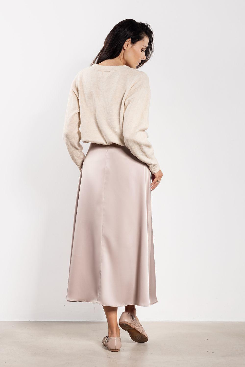 Light beige satin midi A-line skirt, back view, mid-calf length, waist seams
