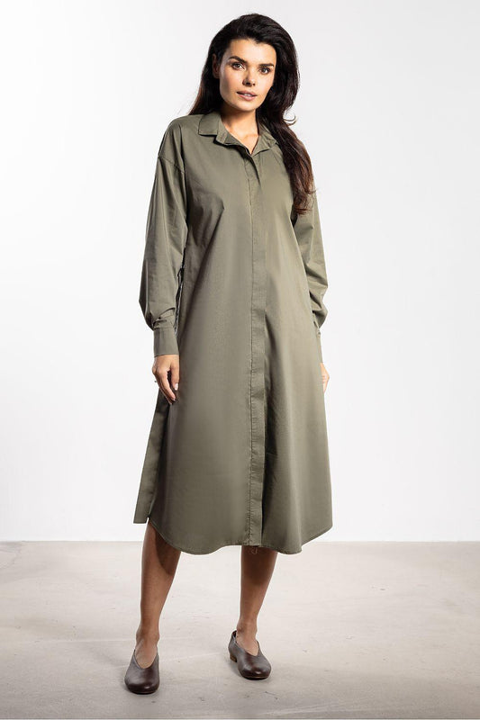 Green belted midi shirt dress with long sleeves and button front, collared