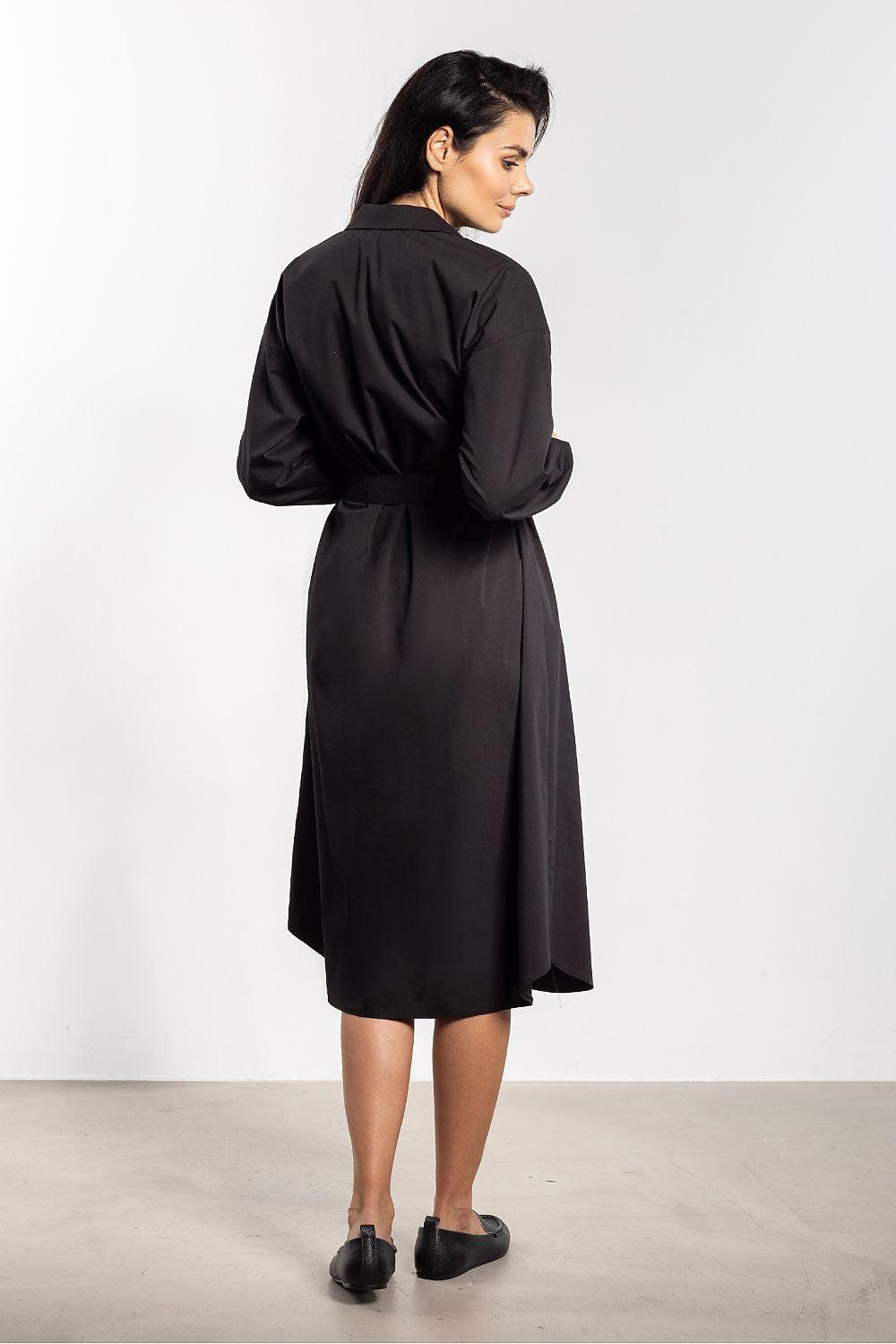 Black button-up day dress with collar, long sleeves, back waist tie, midi length