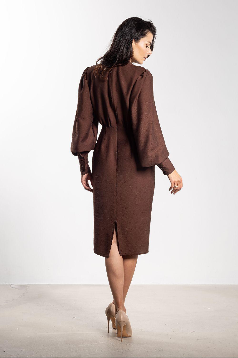 Brown cocktail dress back view with gathered waist, long puff sleeves, midi length