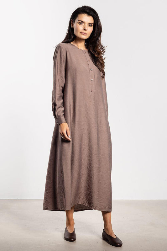 Brown long-sleeve button day dress with belt tie, midi hem and side pockets