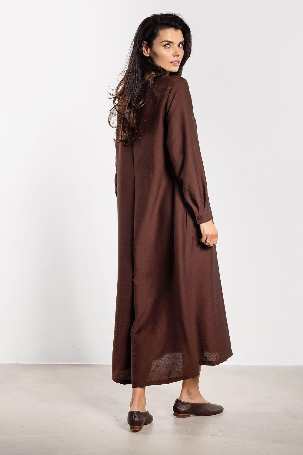 Dark brown midi day dress with long sleeves and button front, side view