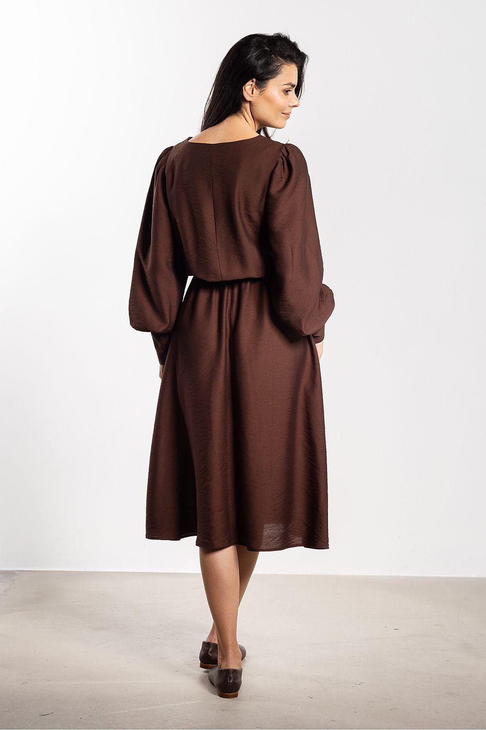Awama daydress in dark brown, back view with gathered waist and long puff sleeves, midi length