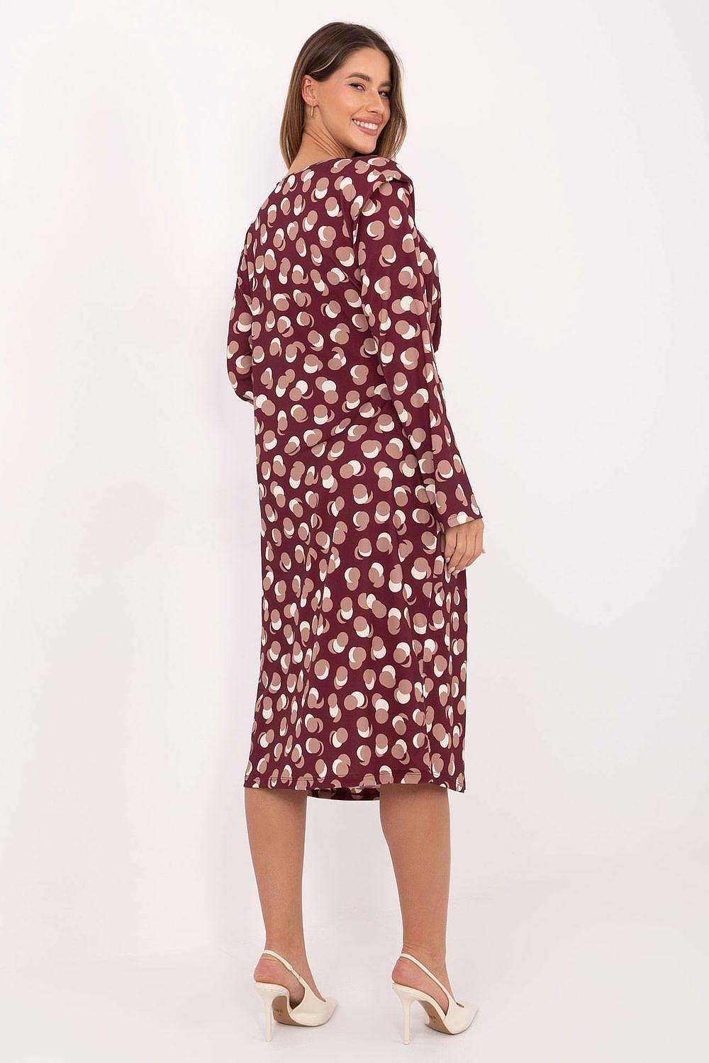 Rue Paris daydress, burgundy with cream circular pattern, long puff sleeves, midi length