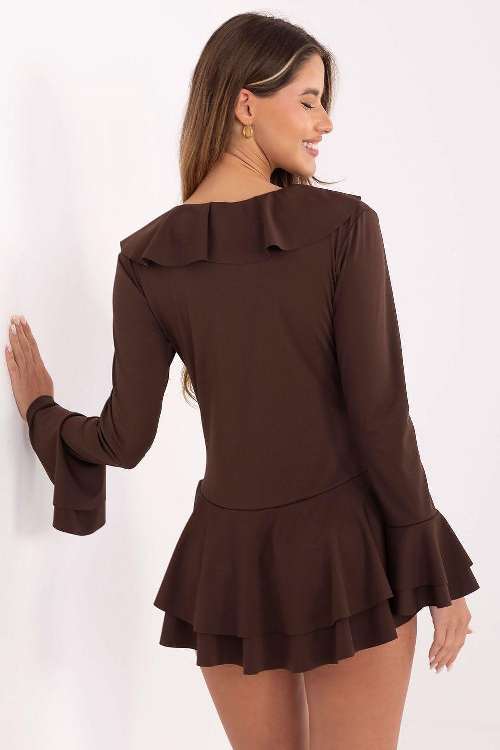 Brown ruffled mini dress back view with layered peplum hem and long sleeves