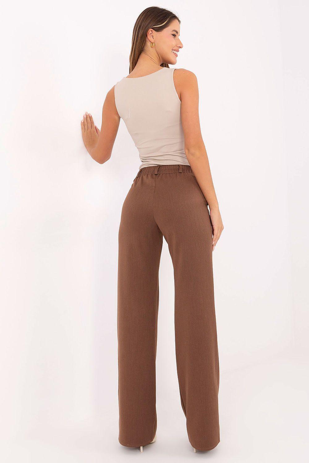 Women's brown wide-leg trousers, back view, with waistband and front pockets