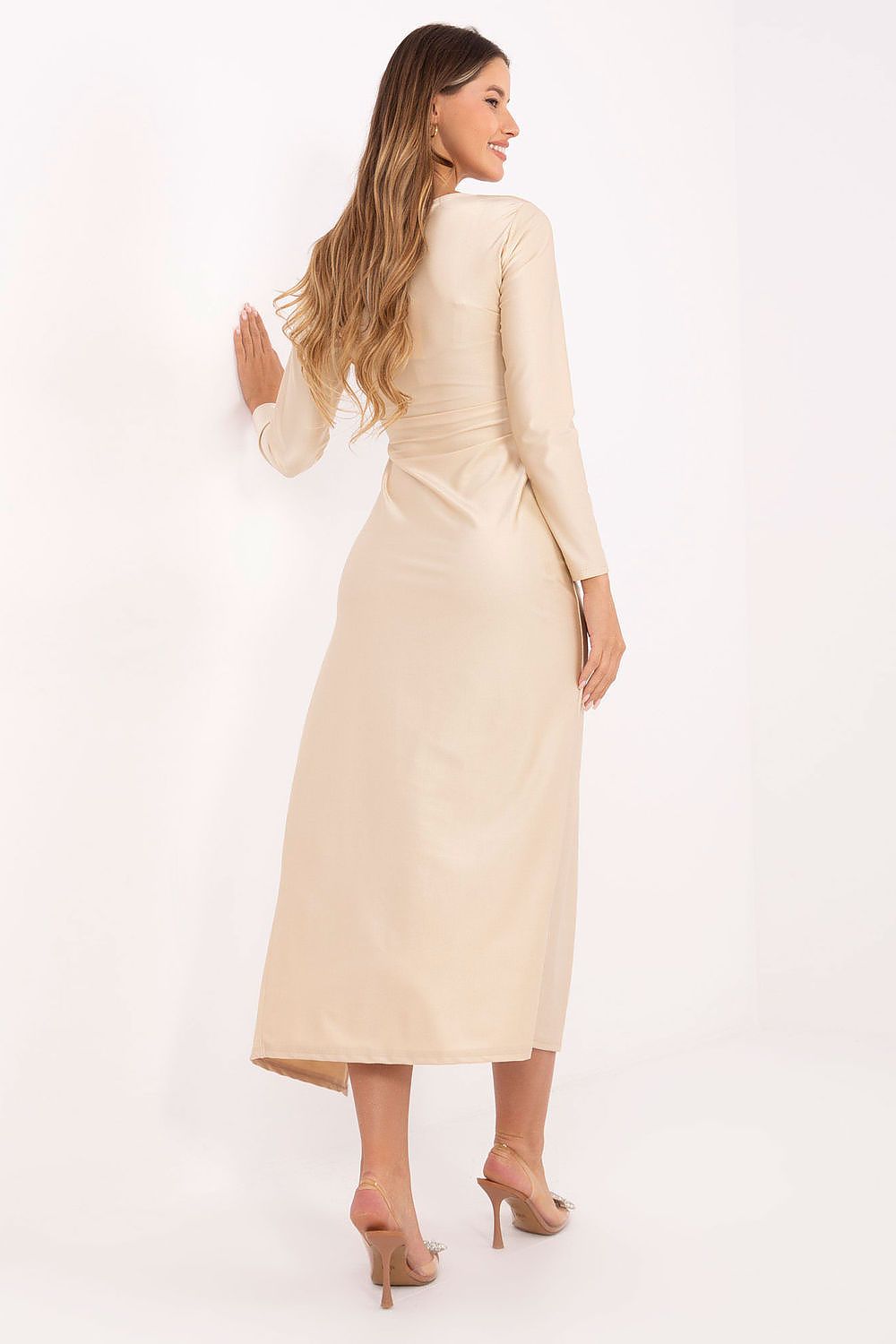 Beige long-sleeve midi evening dress with fitted waist and V-neck
