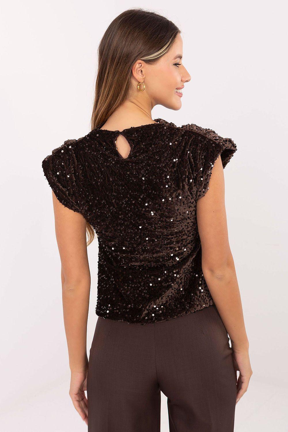 Black sequin sleeveless blouse with back cutout and shoulder ruffles