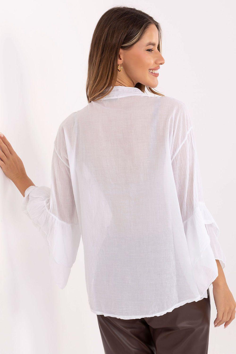 White sheer blouse back with loose sleeves and layered hem ruffles