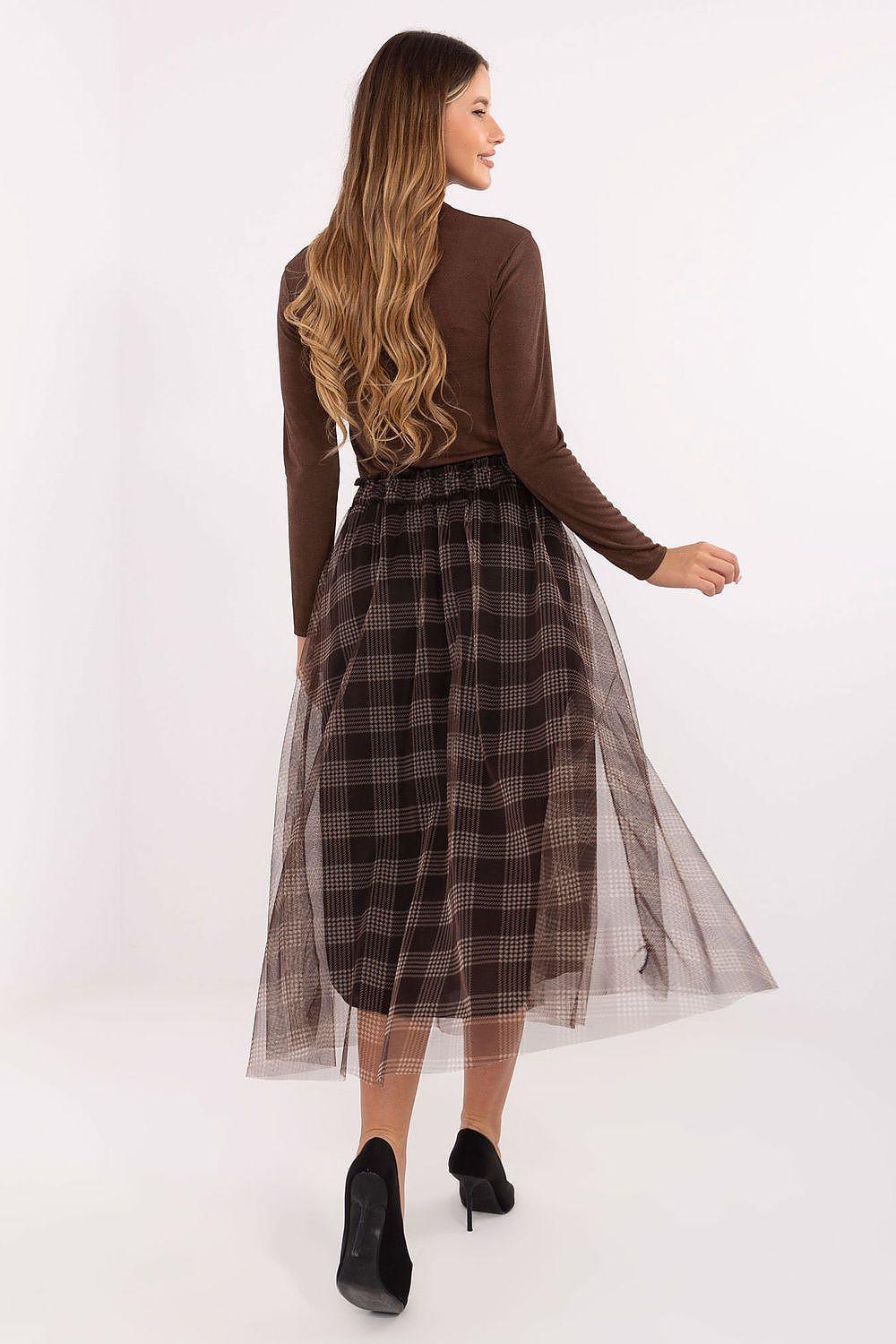 Plaid tulle midi skirt with sheer overlay, dark brown, and elastic waistband detail