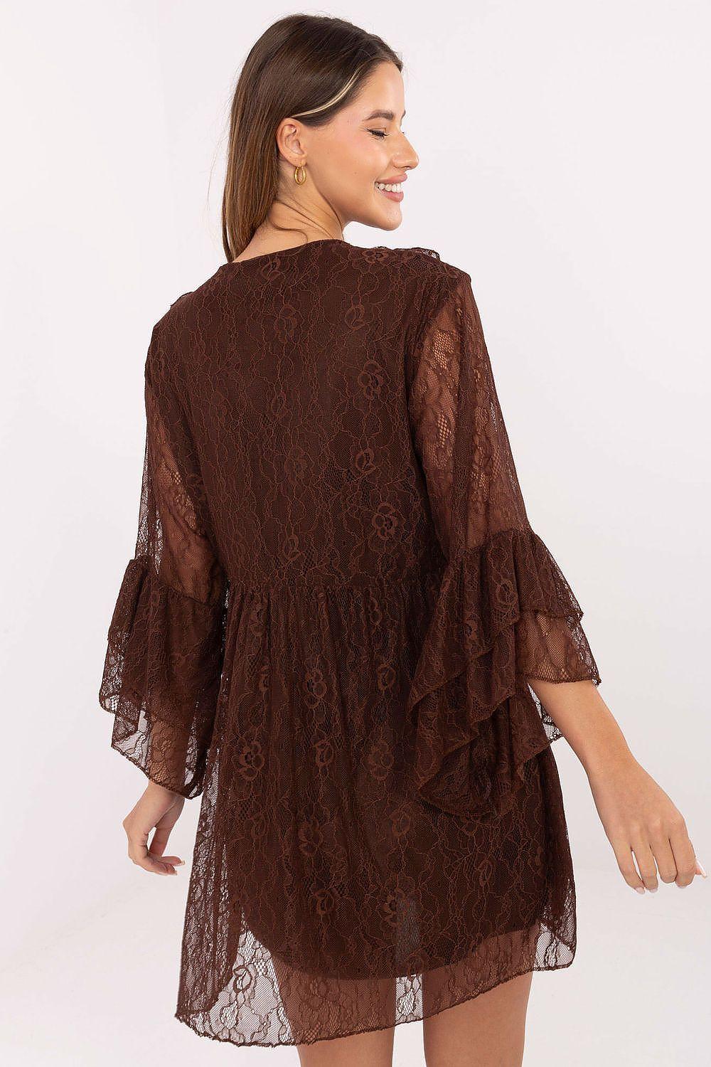 Brown lace evening dress, back view, with layered ruffle sleeves