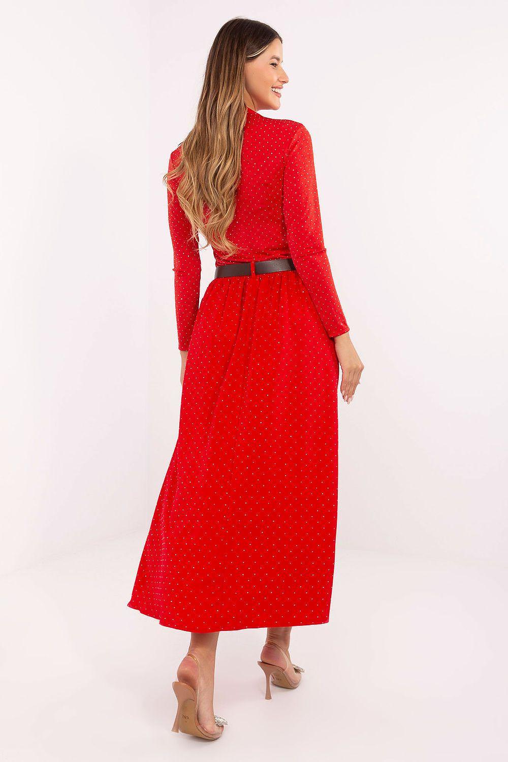 Red long A-line skirt with dotted print and dark waist belt, rear view