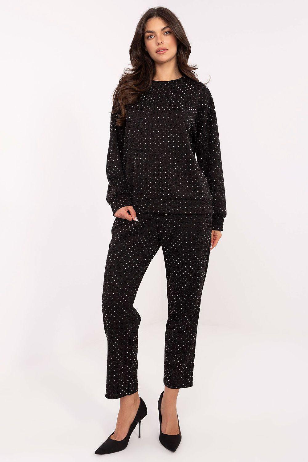 Black rhinestone tracksuit set with long-sleeve top and tapered pants