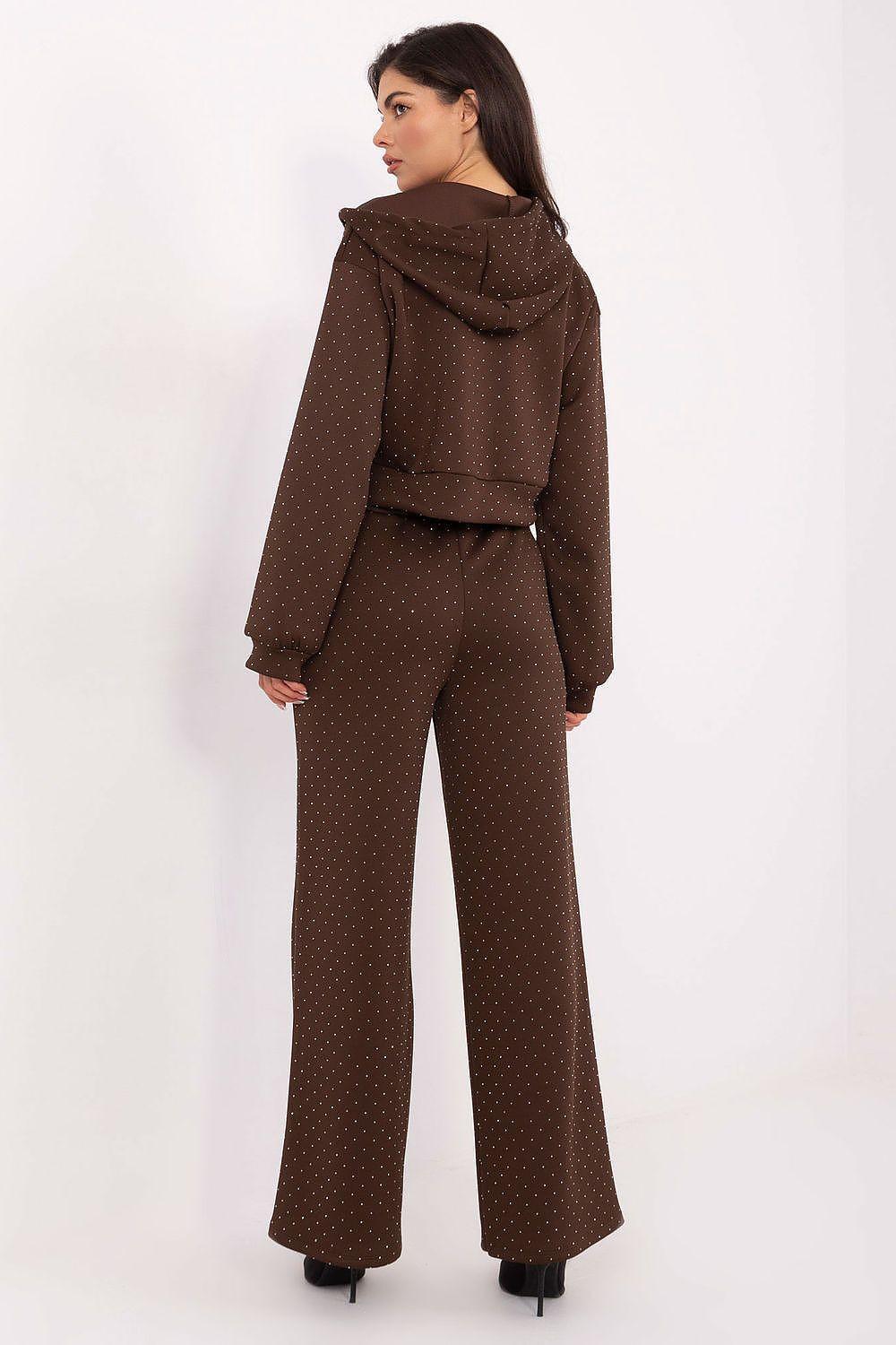 Women’s tracksuit set in dark brown with micro-dot print, zip hoodie and wide-leg pants