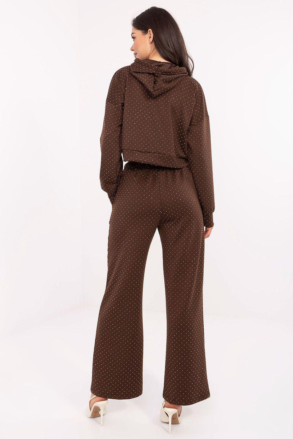 Two-piece hooded set in dark brown with dot pattern, back view of hoodie and wide-leg pants