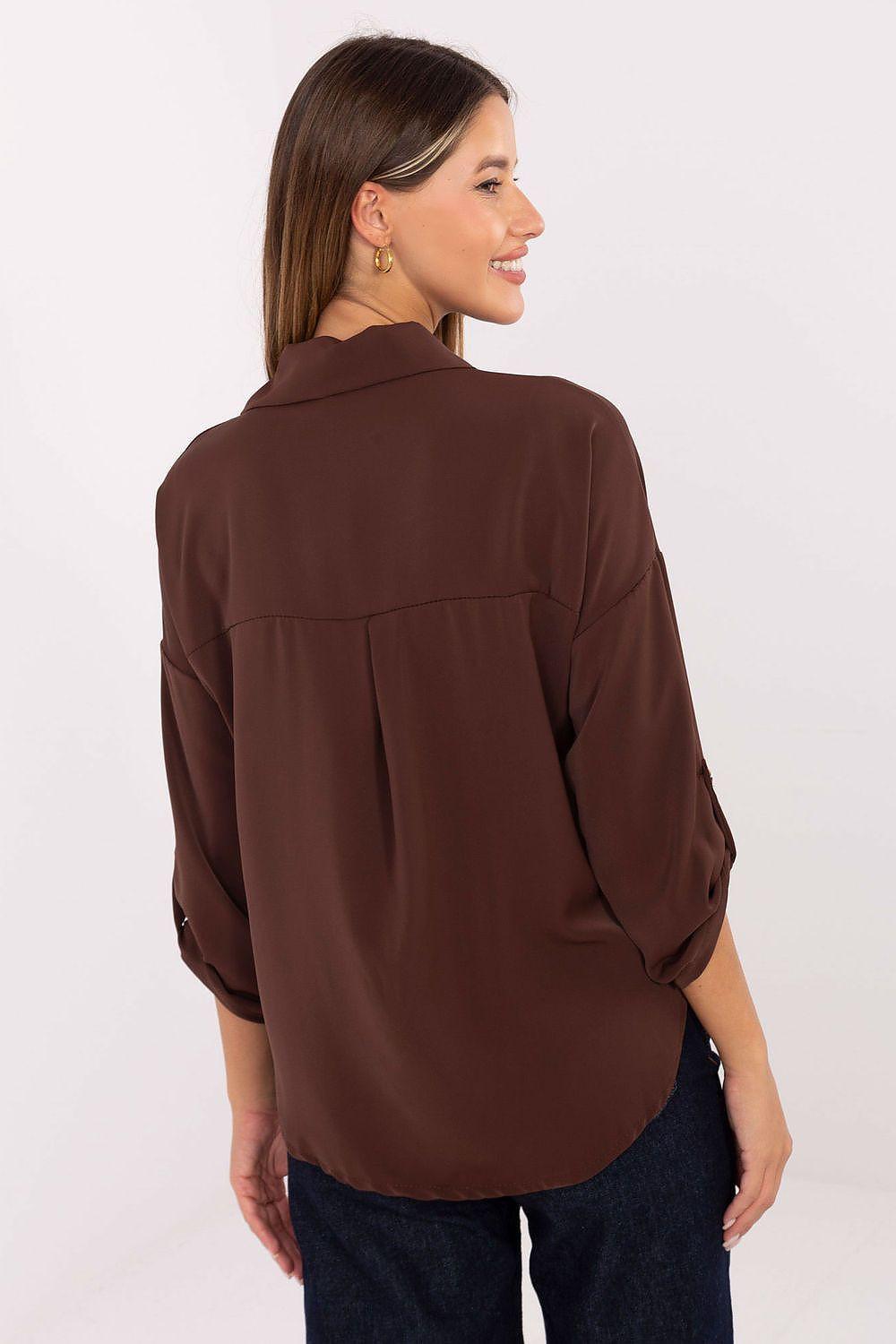 Brown long-sleeve shirt, back view with relaxed fit and button cuffs