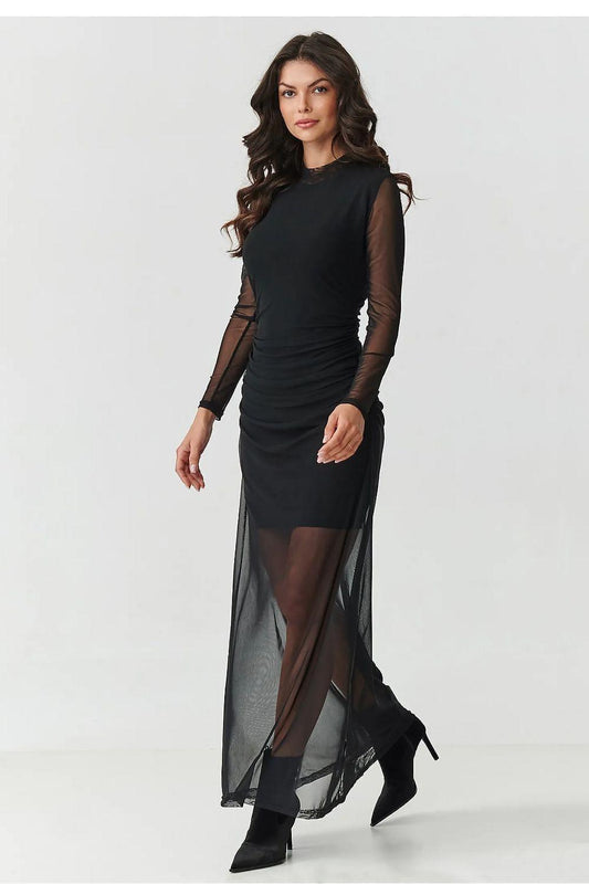 Black sleeveless evening dress with sheer tulle sleeves and long tulle overlay