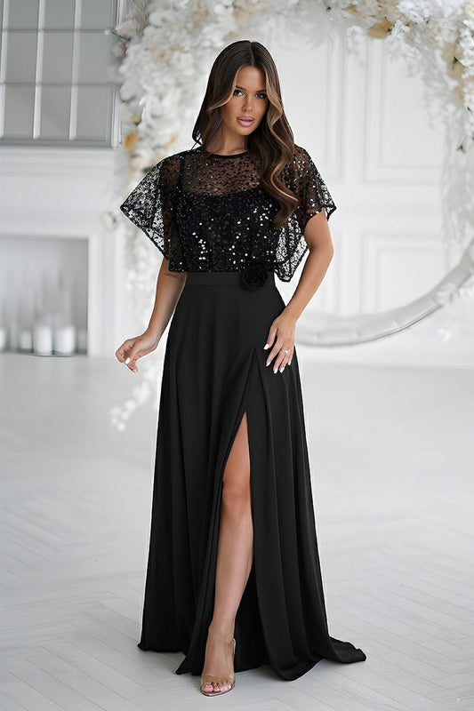 Black long dress with sequin lace top, short sleeves, and front slit
