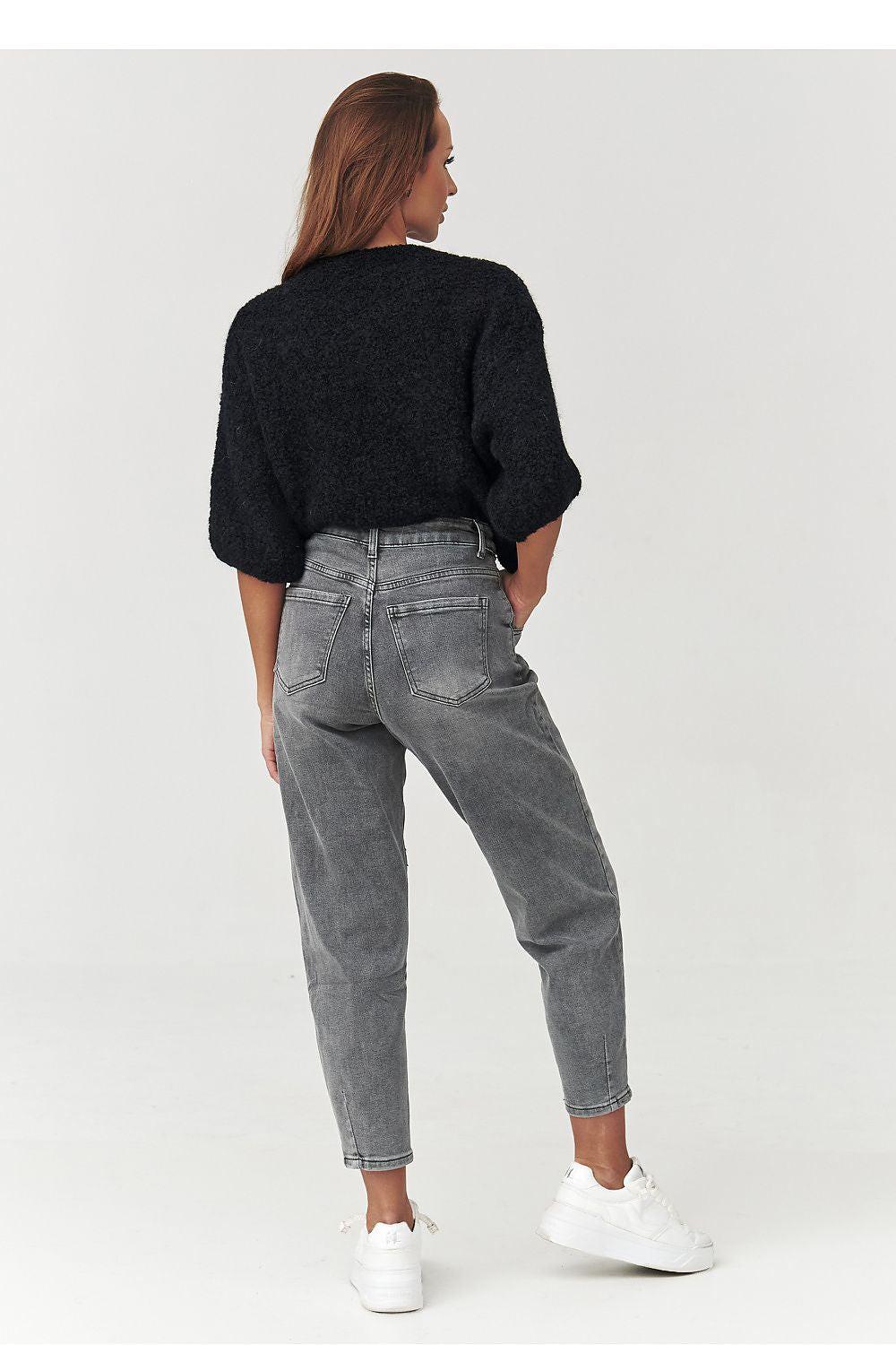 Back view of high-waist grey mom-fit jeans with belt loops and back pockets