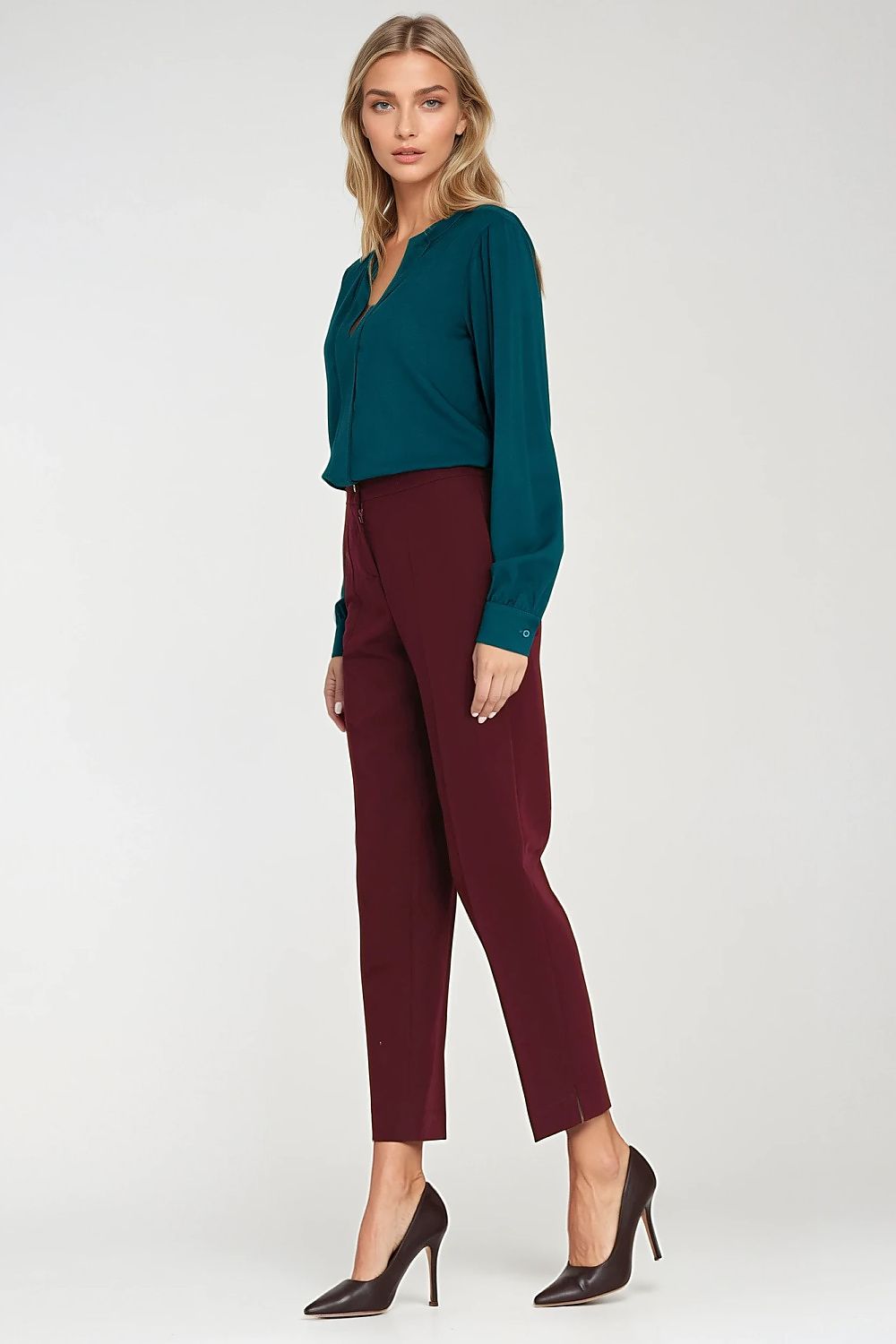 Teal viscose blouse with V-neck and long sleeves, side view