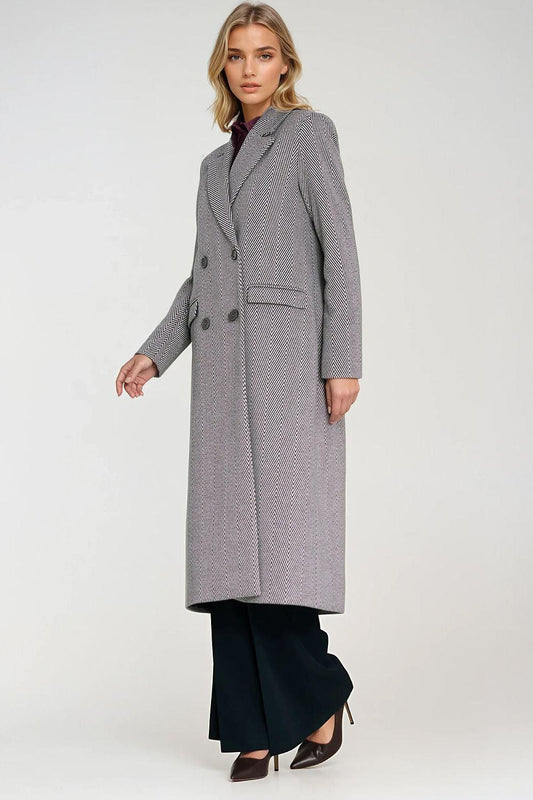 Women’s houndstooth double-breasted long coat, gray side view with buttoned cuffs
