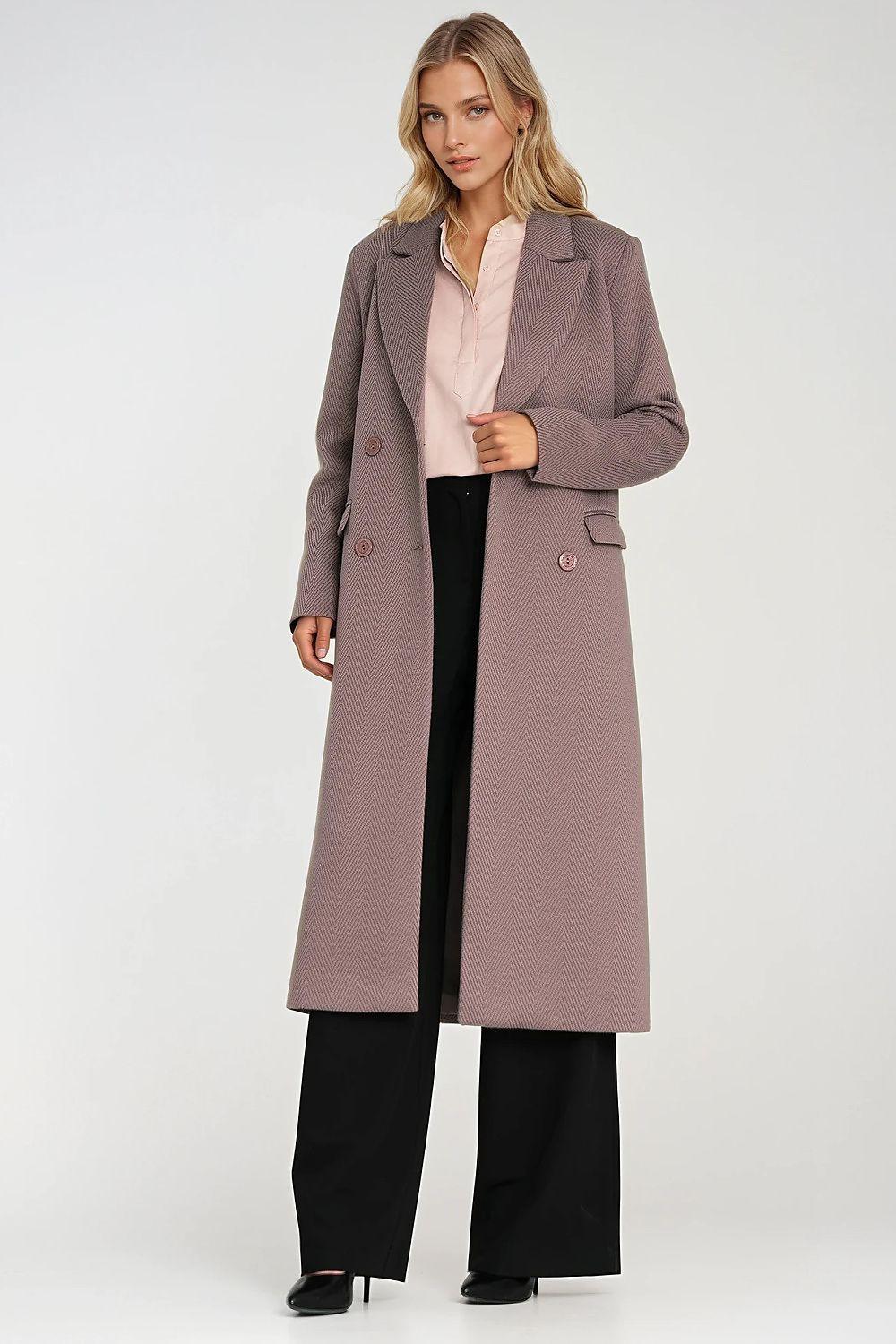 Women’s long double-breasted coat in mauve with notched lapels and button front
