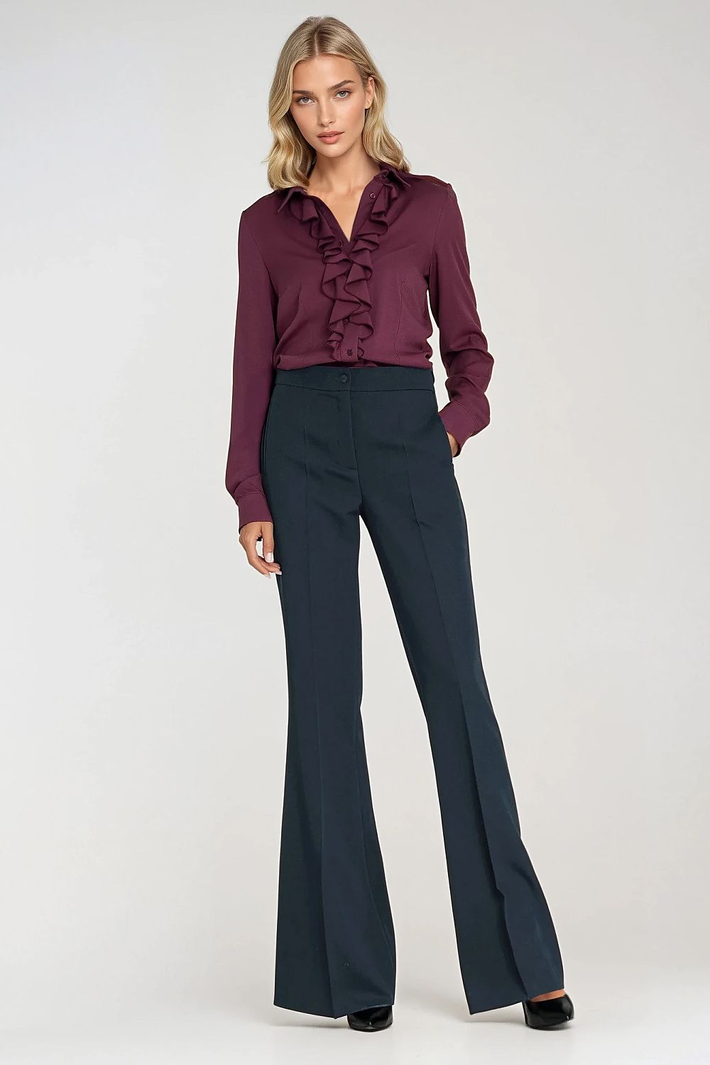 Women’s long sleeve shirt with ruffle jabot neckline, deep purple