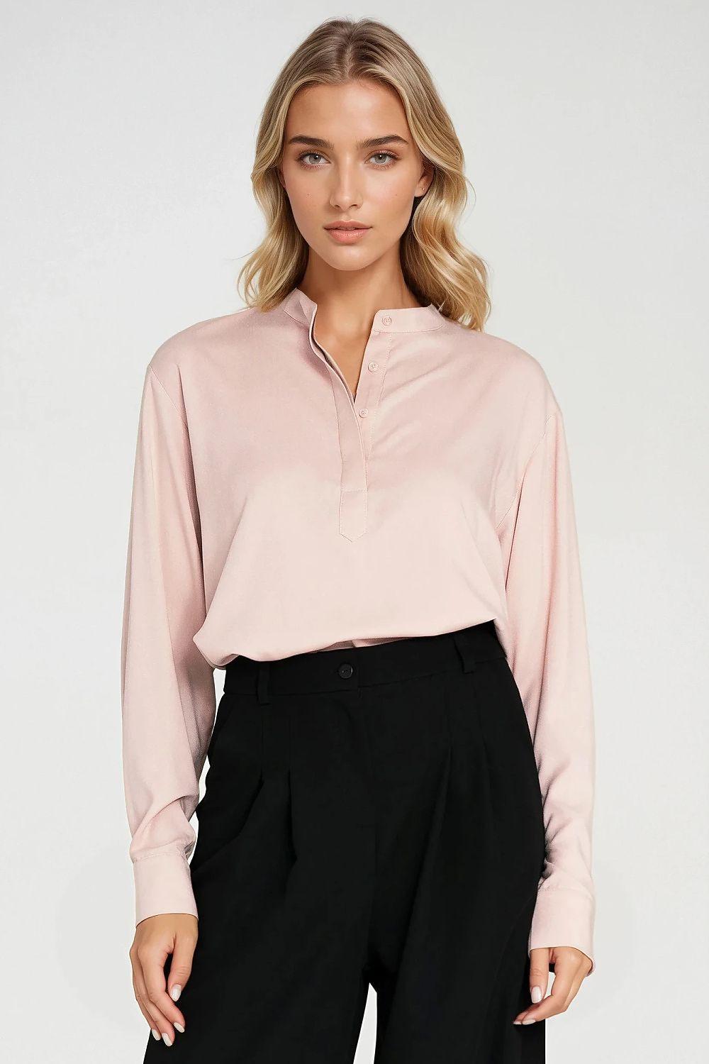 Oversized viscose blouse, pale pink, long sleeves, buttoned placket, relaxed fit