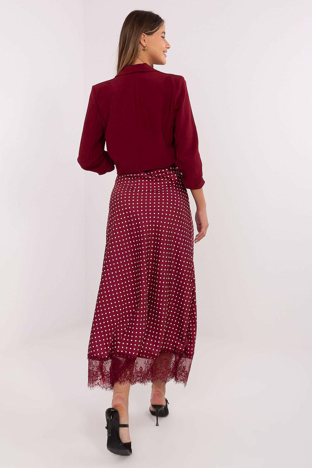 Rue Paris long skirt, maroon with white dot pattern and lace-trim hem, back view