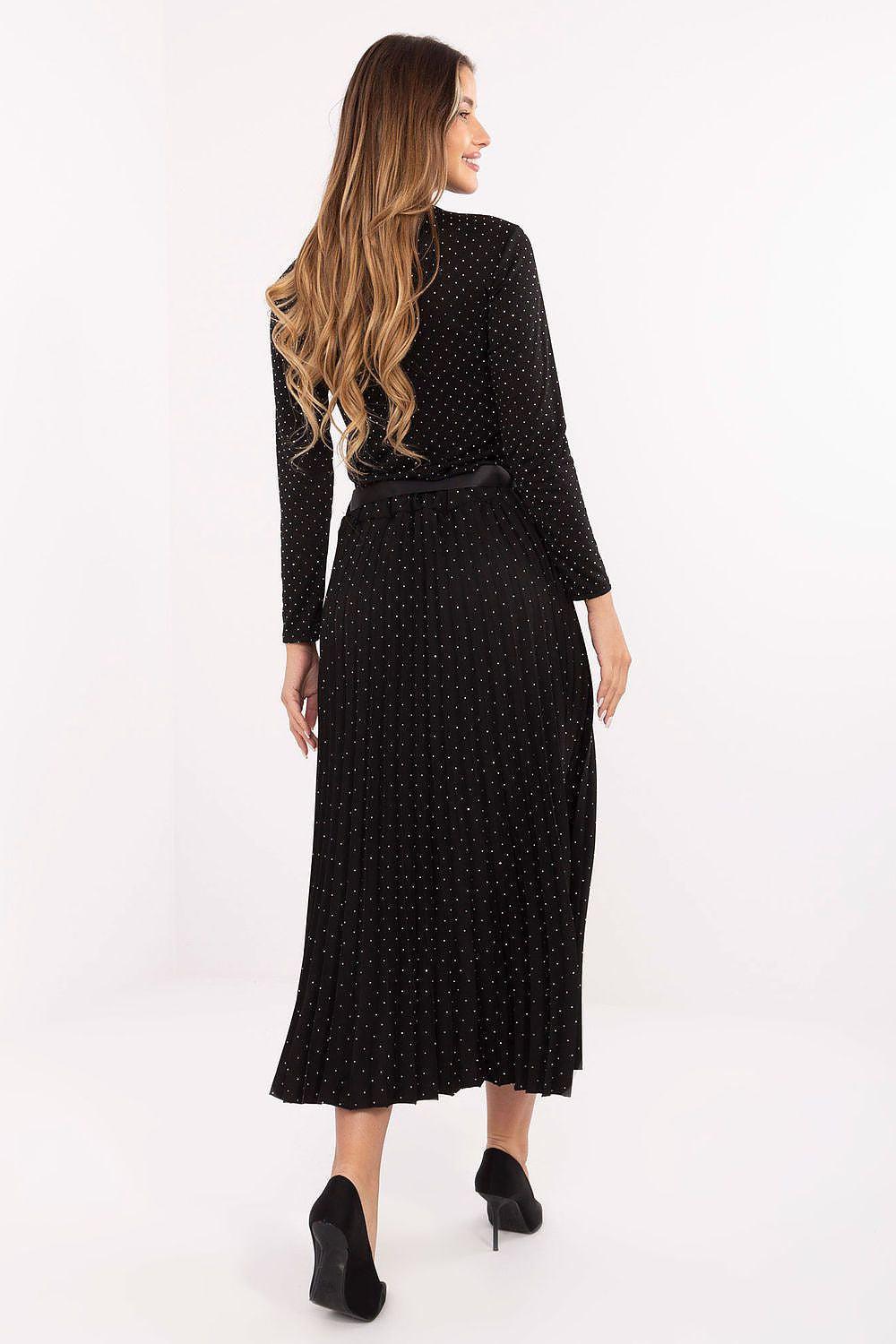 Black pleated midi skirt with micro-dot print and back waist tie ribbon