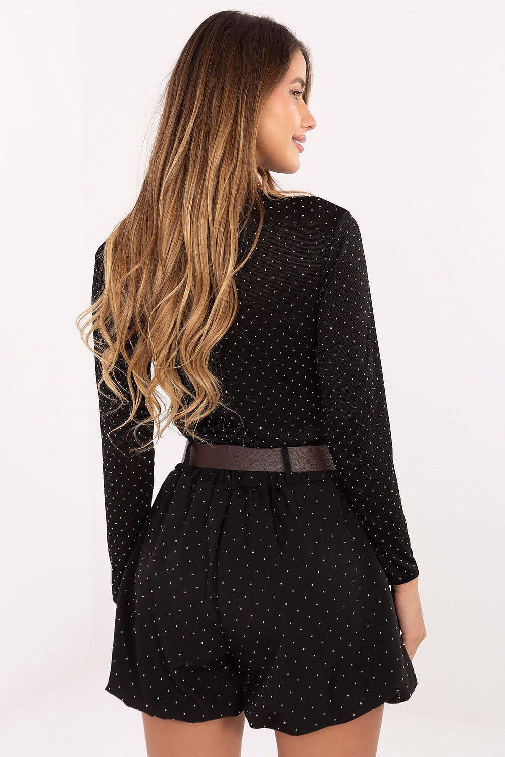 Dotted shorts with elastic waistband and black belt, black fabric with tiny light pattern