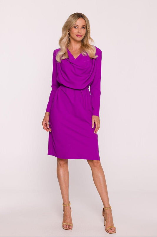 Violet long-sleeve cowl-neck evening dress with belt at waist