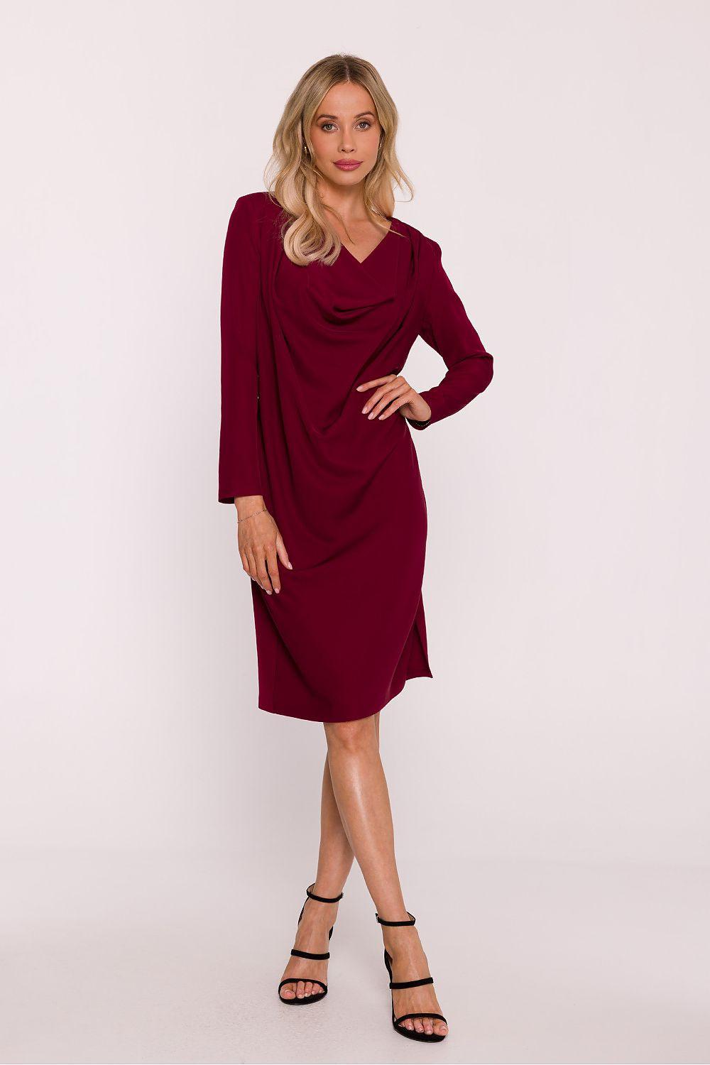 Burgundy long-sleeve evening dress with V drape neckline and midi length.
