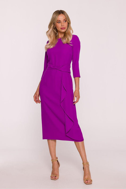 Violet midi evening dress with 3/4 sleeves, waist seam, and side slit