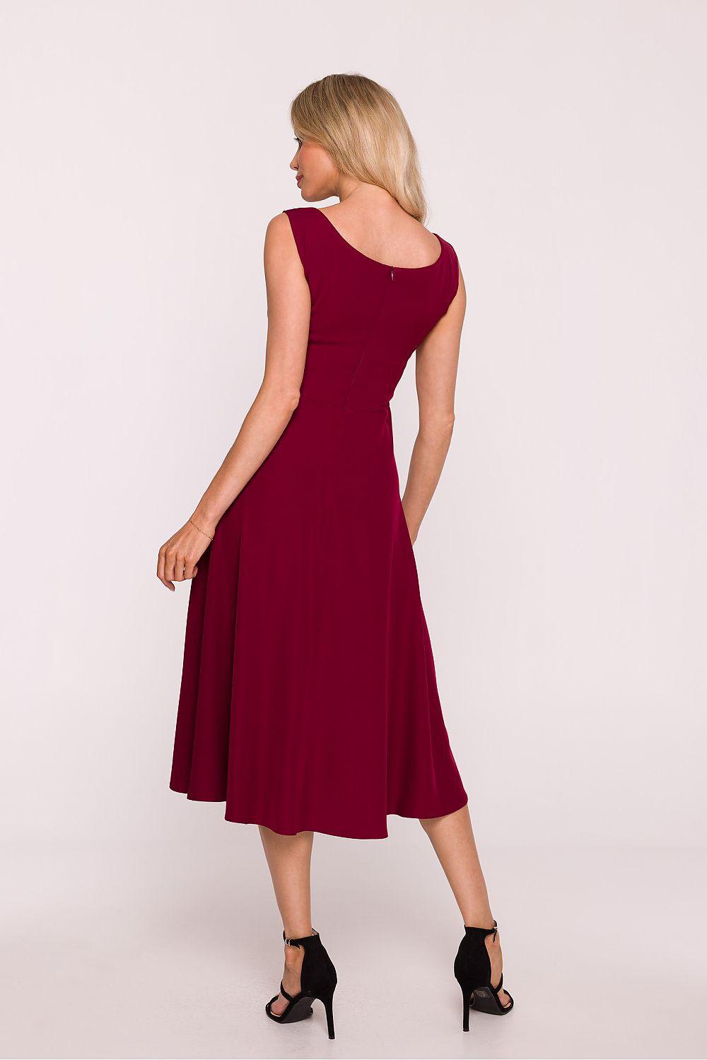 Back view of sleeveless evening dress, burgundy, scoop back, midi A-line skirt