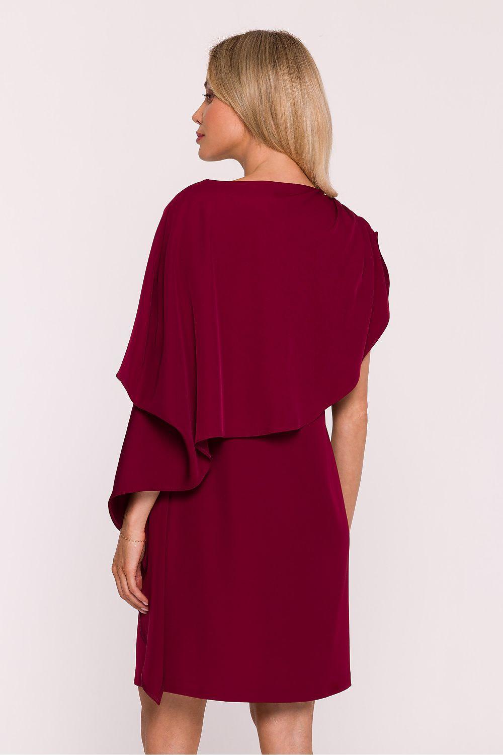 Dark red evening dress with flowing back cape and knee-length skirt