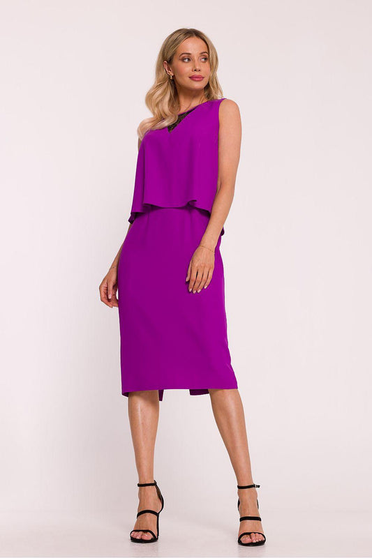 Violet sleeveless midi evening dress with layered top and fitted pencil skirt