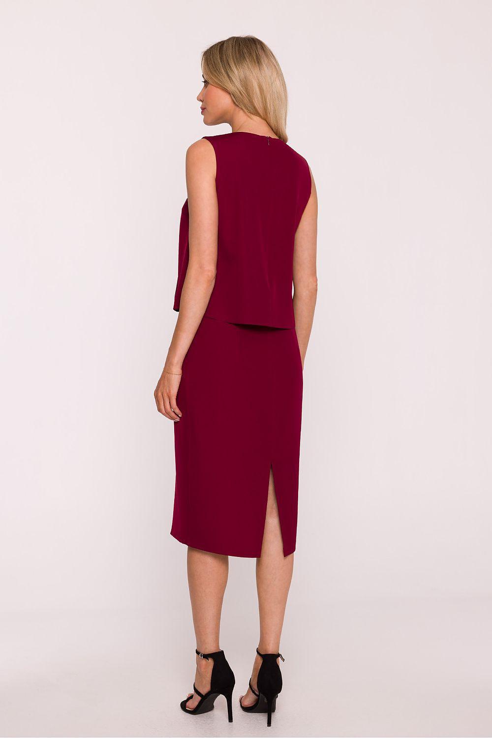 Evening dress by Stylove, sleeveless deep red with back slit and draped waist