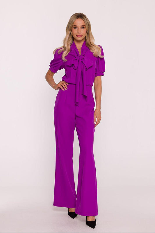 Women's violet jumpsuit with neck tie bow, short sleeves and wide-leg pants