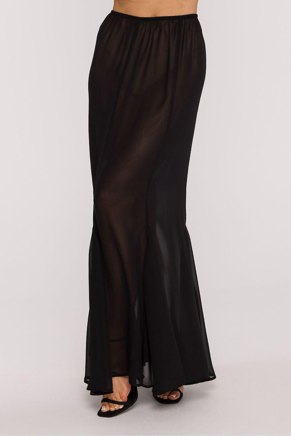 Moe black sheer maxi skirt with gathered waist and flowing drape