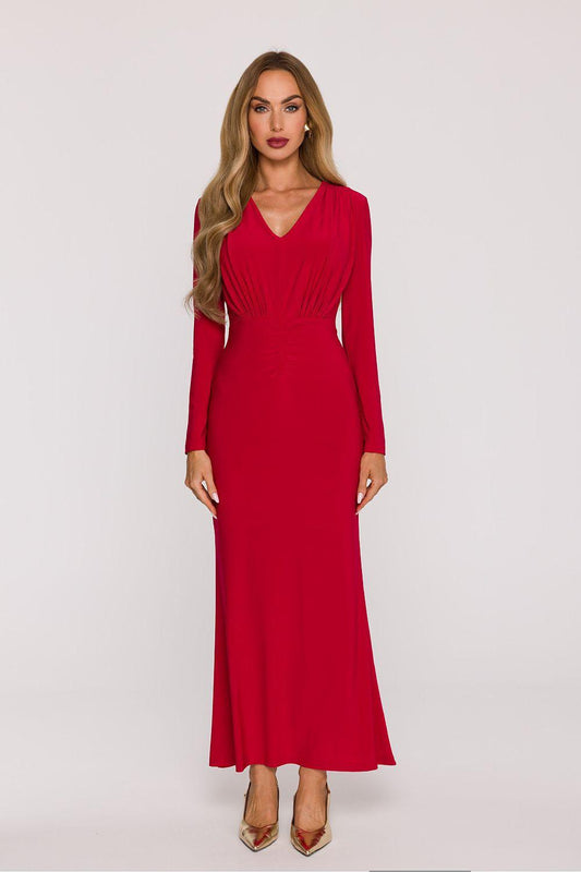 Red long-sleeve maxi dress with V-neck and ruched waist detail