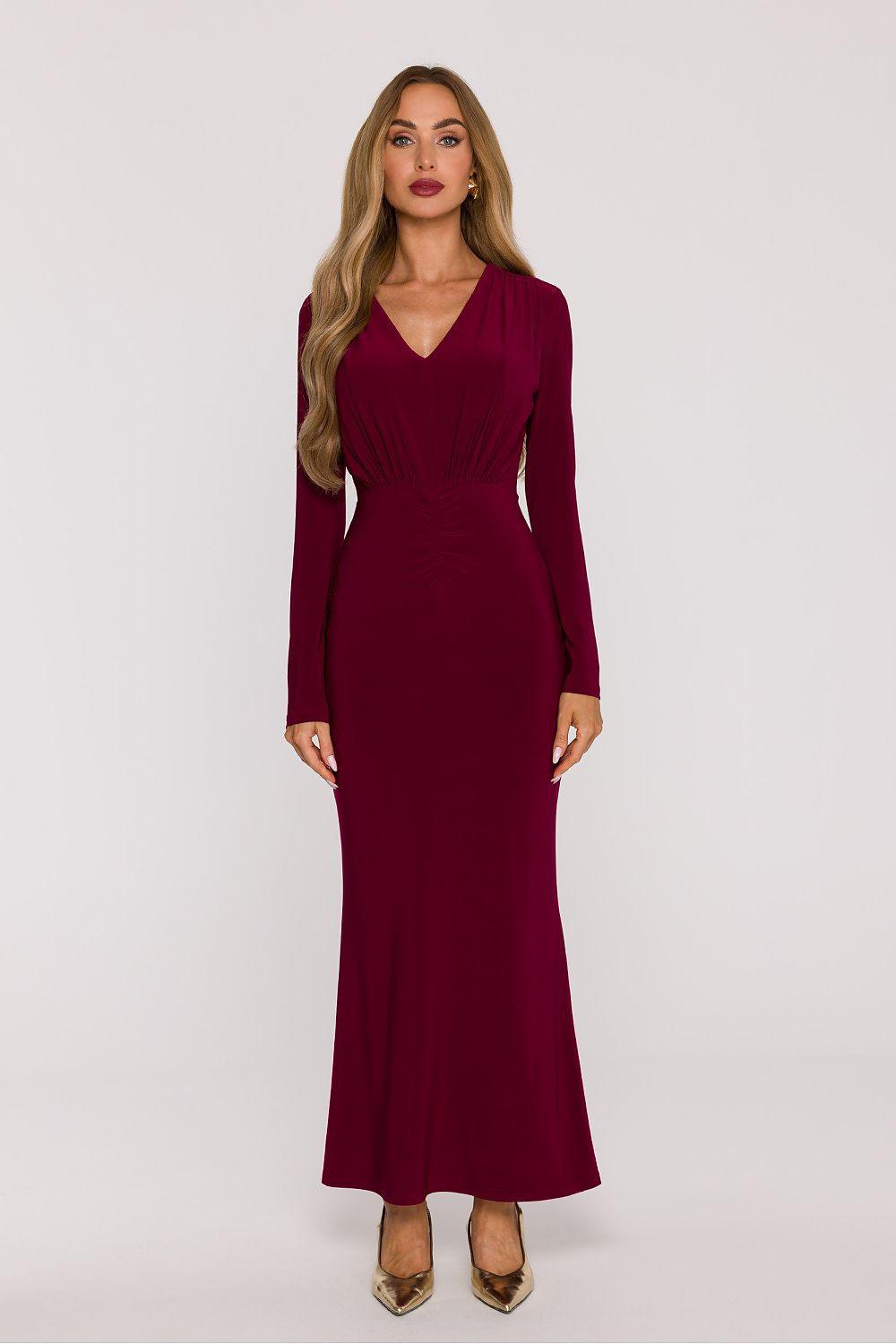 Long burgundy V-neck long-sleeve dress with fitted waist and ankle-length hem