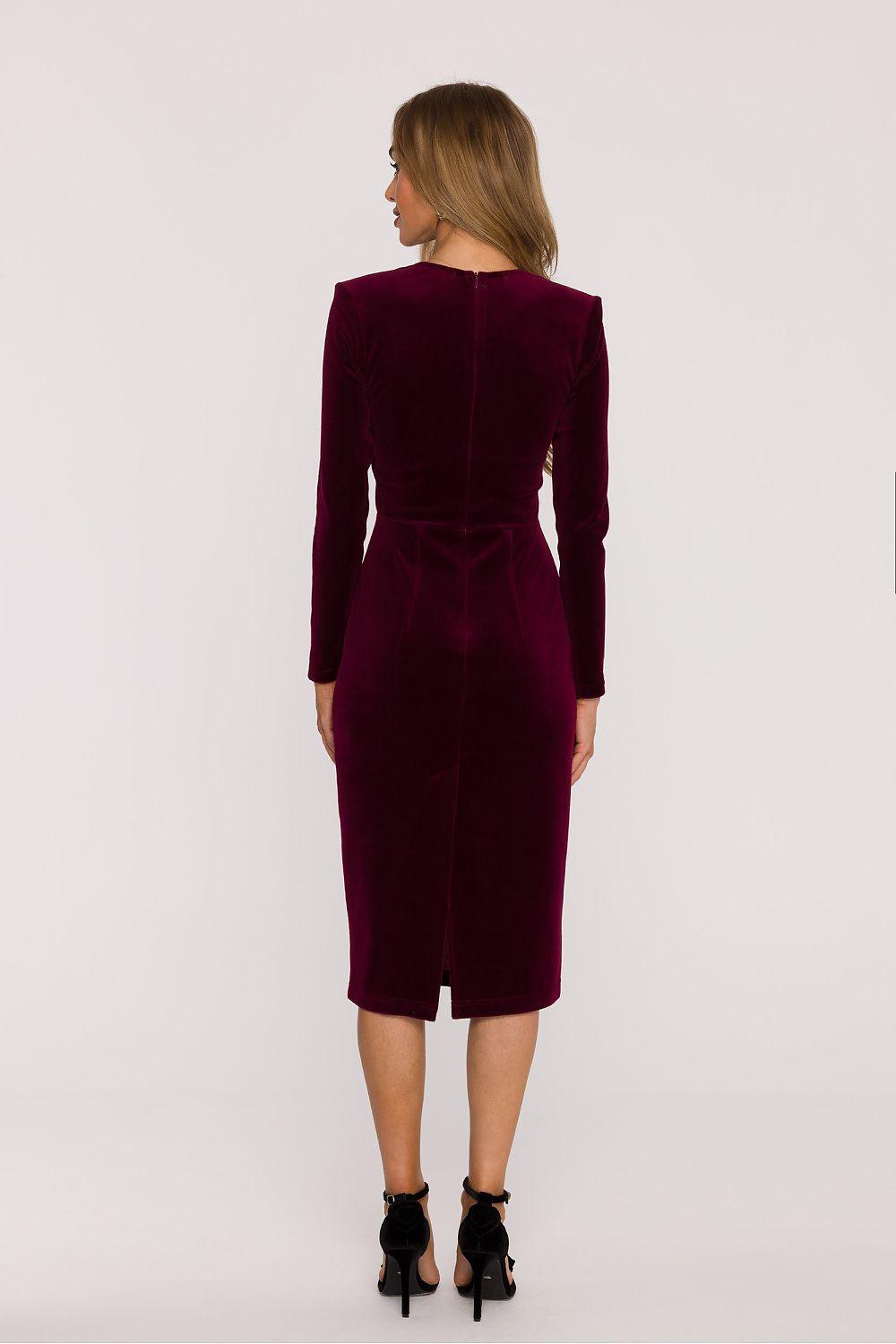 Burgundy V-neck long-sleeve fitted midi dress, back view